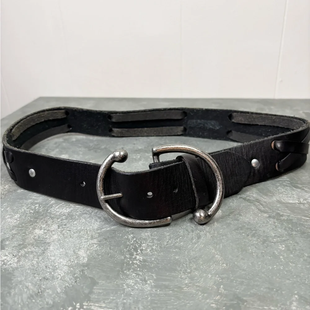 Expresso dark leather large silver tone buckle genuine leather belt size 34 mens